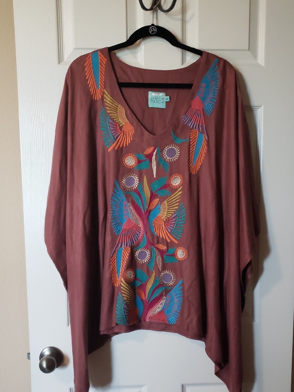 Judith March Rust Tunic with Multicolor Embroidered Birds. Size Medium